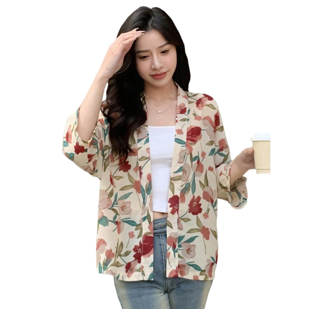 TOPLOT Women\'s Front Open Floral Printed Shrug Top Regular Fit (Shrug-5148-Apricot-XL)