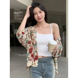 TOPLOT Women\'s Front Open Floral Printed Shrug Top Regular Fit (Shrug-5148-Apricot-XL)