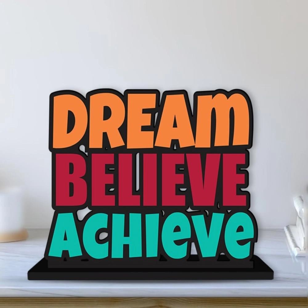 Artvibes Wooden Idols and Figurine Dream Believe Achieve Quote Table Decoration for Office Desk | Home Decor | Living Room | Bedroom | Modern Art Wood Showpiece Decorative Gifting Item (SP_1120)