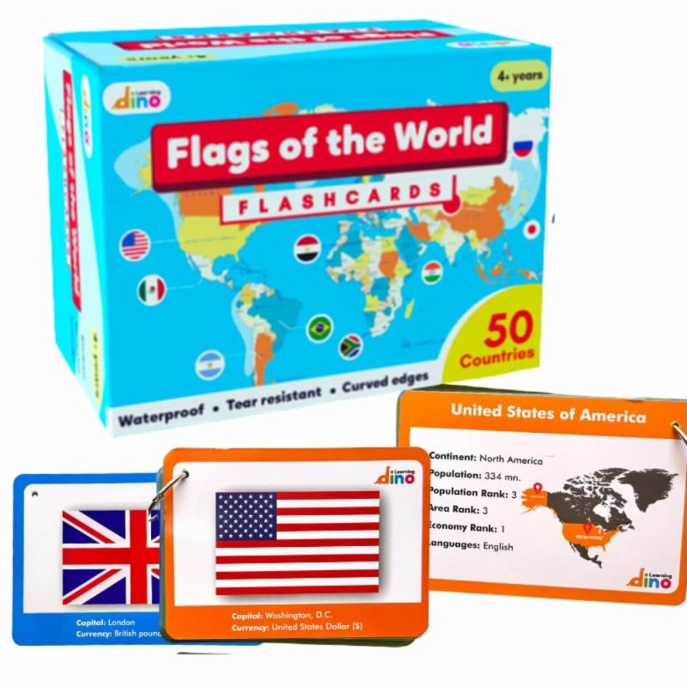 Learning dino World Countries Flashcards | World Country Flags Flash Cards for Kids - 50 Country, Continent, Capital, Population Country Flag, Economy, Languages, Currency Flashcards