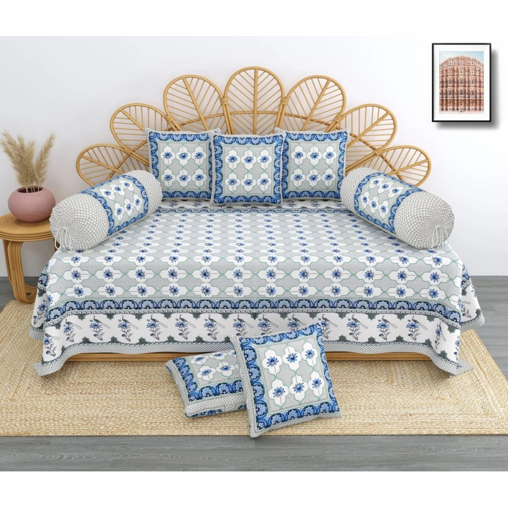 Blizz Mont by Jaipur Fabrics | Magnolia Collection | Printed Diwan Set | Pure Cotton | Quilted | Set Contains- 8 Pieces (1 Single Bedsheet, 2 Boster Covers, 5 Cushion Covers) (Blue Lotus-1+2+5)