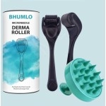 BHUMLO Derma Roller For Beard Hair Skin Face 540 Titanium.25Mm - Self Care Gifts Facial Skin Care Tools, Hair Scalp Massager Shampoo Brush With Soft Silicone Bristles Comb Scrubber