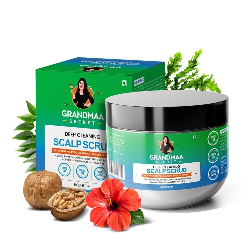 NIDHIS GRANDMAA SECRET Scalp Scrub - Natural Curry Leaves & Seaweed Scalp Scrub for Dandruff, Buildup, Dead Skin - Cleansing and Exfoliating Dry Scalp Scrub - Sulphate/Parabens Free - 200mL