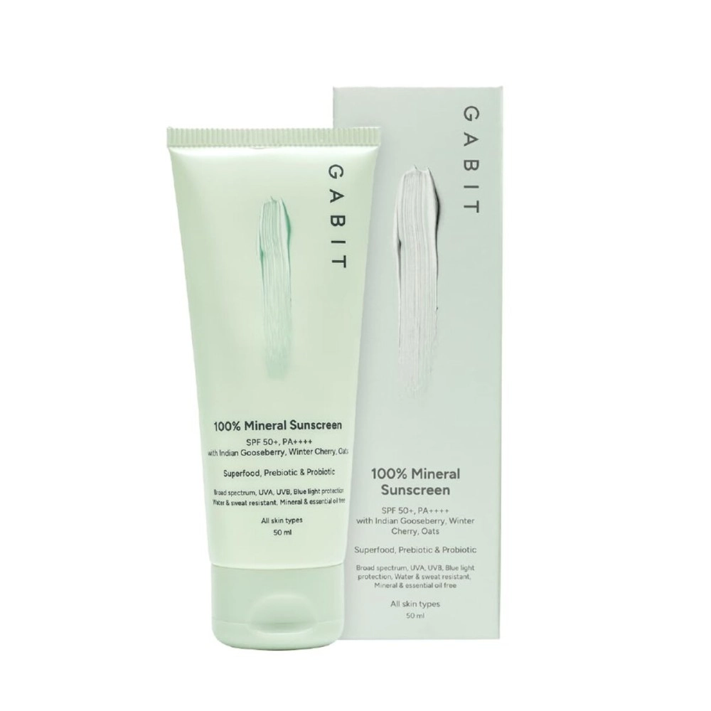 Gabit 100% Mineral Sunscreen SPF 50 PA++++ | Water & Sweat Resistant, UVA/B & Blue Light Protection | No White Cast | Vit E, Gooseberry, Winter Cherry | Normal, Oily, Dry Skin Types | Oil free |50ml
