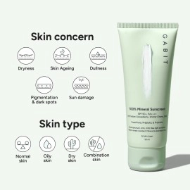 Gabit 100% Mineral Sunscreen SPF 50 PA++++ | Water & Sweat Resistant, UVA/B & Blue Light Protection | No White Cast | Vit E, Gooseberry, Winter Cherry | Normal, Oily, Dry Skin Types | Oil free |50ml