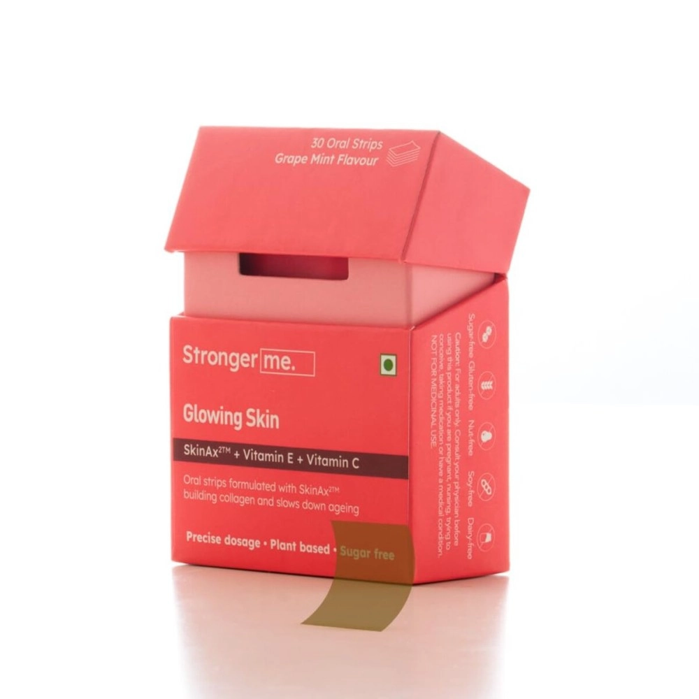 Stronger Me for Glowing Skin | 30 Oral Melting Strips | Vitamin E, D3, C, SkinAx2TM for Building Collagen, Slow Down Ageing, Acne Control and Reduces Hyperpigmentation | 100% Plant-Based, Strawberry