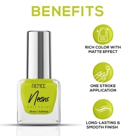 Renee Neons Nail Paint - Yellow Beam, Quick Drying, Glossy Finish, Long Lasting, Chip resisting Formula with High Shine & Full Coverage, Acetone & Paraben Free