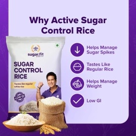 Sugar.Fit Active Sugar Control Rice 5 kg, Sona Masoori Rice, Full Grain Raw Rice, Clinically Certified Low GI Rice for Diabetic, 100% Natural, Pesticide Free, Supports Healthy Blood Sugar Levels, Pa