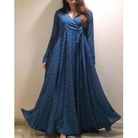 Fashion2wear Women\'s Blue Color Georgette Long Sleeve Round Neck All Over Print Maxi Length Anarkali XXL Stitched Gown for Girls. (Ankita-Blue-XXL)