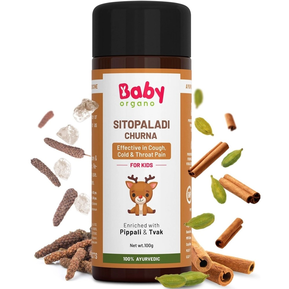 Baby Organo Sitopaladi Churna/Churan 100g - Ayurvedic Classical Remedy for Cough Cold, Sore Throat & Digestive Wellness for Kids (Pack 1)