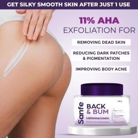 Sanfe Back & Bum Cream for Dark Spots and Body Acne | Glycolic Acid, Lactic Acid & Urea | 11% AHA & Maximum Exfoliation | Remove Dead Skin for Women | 100gm
