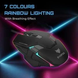EvoFox Spectre USB Wired Gaming Mouse with Upto 3600 DPI Gaming Sensor | 6 Buttons Design | Upto 7 Million Clicks | 7 Colours Rainbow Lighting with Breathing Effect | 1.5m Braided Cable (Black)