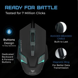 EvoFox Spectre USB Wired Gaming Mouse with Upto 3600 DPI Gaming Sensor | 6 Buttons Design | Upto 7 Million Clicks | 7 Colours Rainbow Lighting with Breathing Effect | 1.5m Braided Cable (Black)