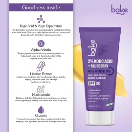 BAKE 2% Kojic Acid Body Lotion with Niacinamide & SPF 30 PA+++ for Pigmentation & Tan Removal | For Dark Spots & Sun Protection | Tanned & Pigmented Skin | For Women & Men | 200ml