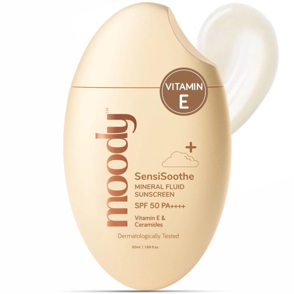 Moody SensiSoothe Mineral Brightening Sunscreen Serum with Ceramides & Rice | Sunscreen for All Skin Types with SPF 50 PA++++ | No White Cast, & Non-Comedogenic Sunscreen Dermatologist Tested-50ML