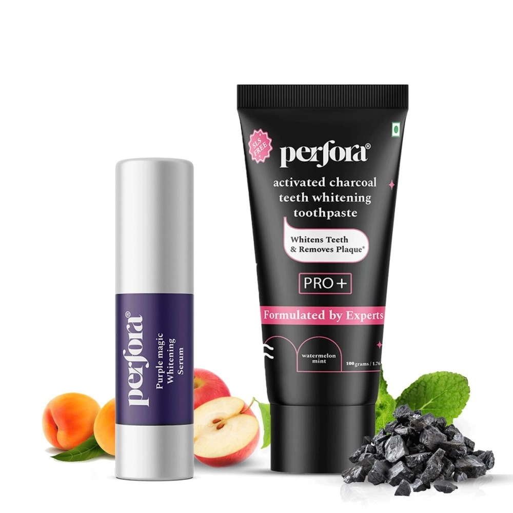 Perfora Luminous White Oral Care Combo: Purple Magic Whitening Serum & Charcoal Watermelon Mint SLS Free Toothpaste For Adults | v34 Colour Corrector for Teeth | Enamel Safe & Effective Teeth Whitene