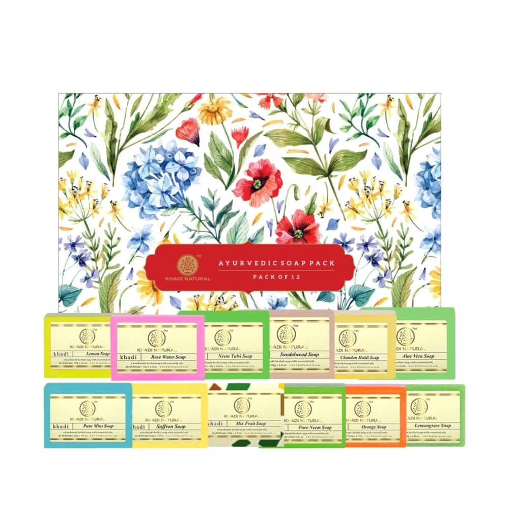 Khadi Natural Assorted Soap Kit | Natural Bathing Soap | Handmade Soap with Essential Oils | Moisturizing for Body | Suitable for All Skin Types | Set of 12, (12 x 25 g)