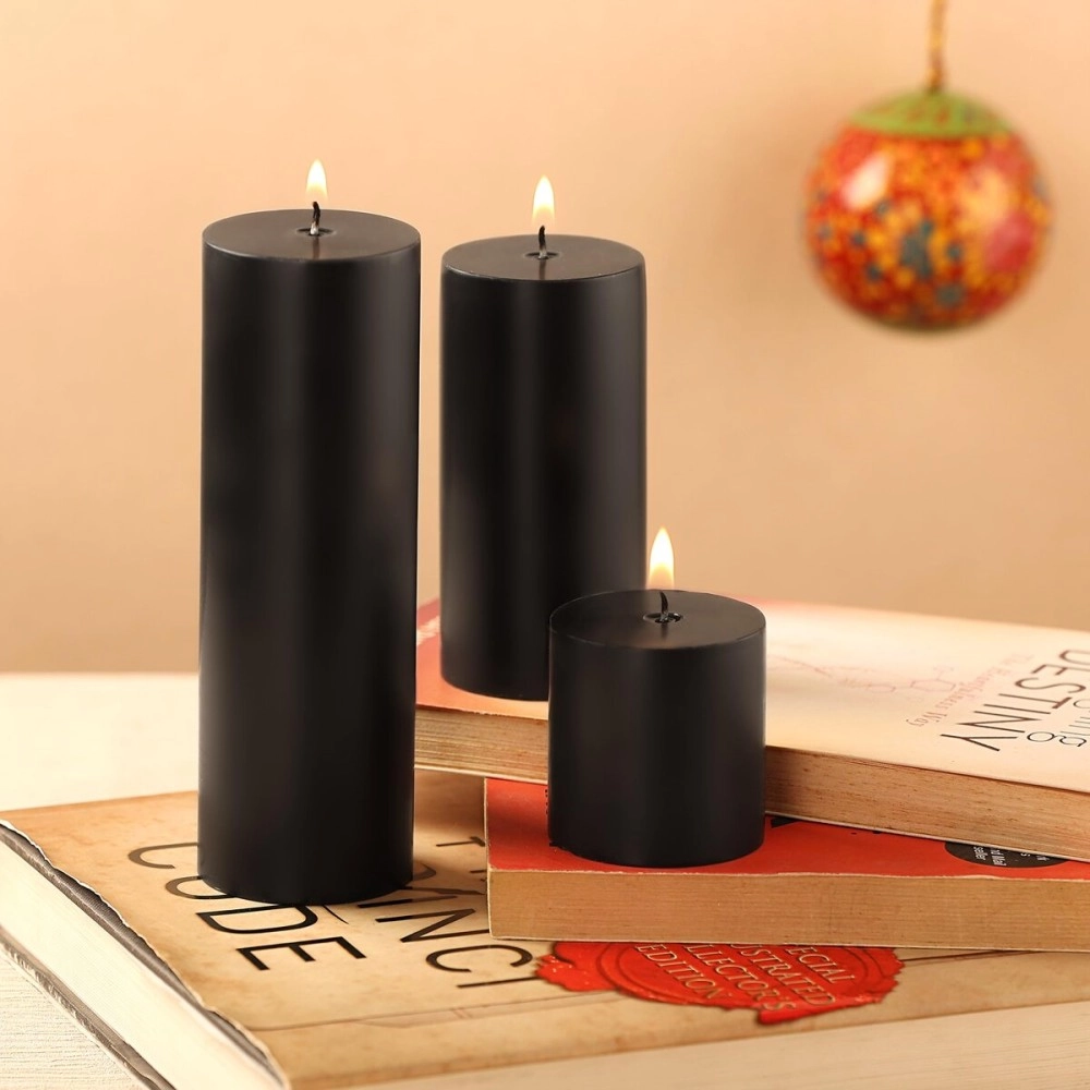 PROSPERRO LUMO by Parkash Candles Black Unscented Pillar Candles Set of 3 || 2x2, 2x4, 2x6 Inches || Paraffin Wax Candles || Home Decor (Black)