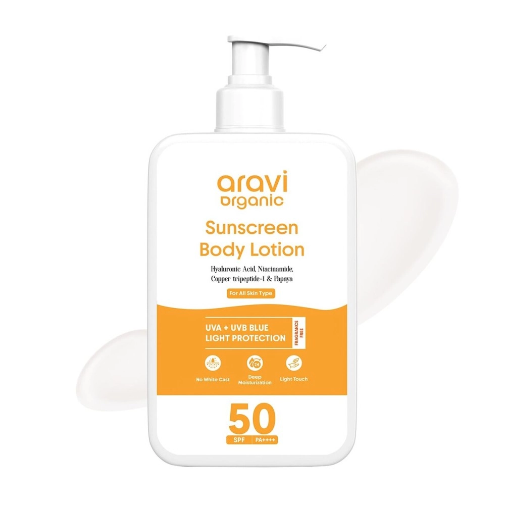 Aravi Organic Oil-Free Sunscreen Body Lotion SPF 50 PA++++ | Lightweight, Quick Absorbing & No White Cast | UVA & UVB Protection | With Niacinamide, Hyaluronic Acid & Copper Tripeptide | 200ml