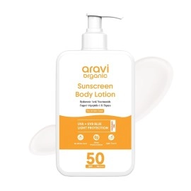 Aravi Organic Oil-Free Sunscreen Body Lotion SPF 50 PA++++ | Lightweight, Quick Absorbing & No White Cast | UVA & UVB Protection | With Niacinamide, Hyaluronic Acid & Copper Tripeptide | 200ml
