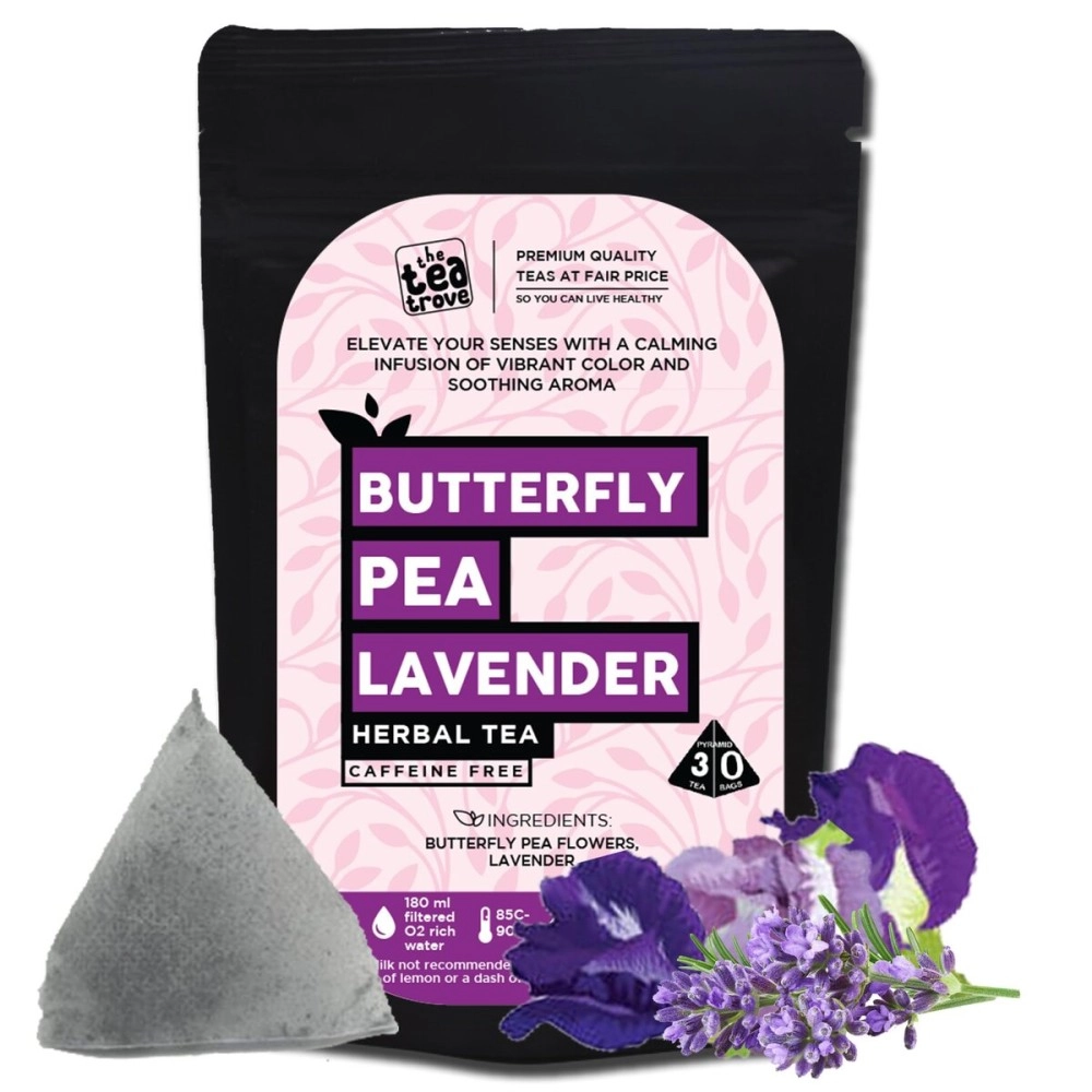 the tea trove Blue Butterfly Pea Flower Lavender Tea Bags - 30 Eco-Friendly Lavender Tea For Sleep In Resealable Pouch - Caffeine Free Blue Pea Flower For Iced Teas & Cocktails|Pack Of 1,18 Gram