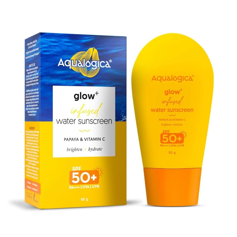 Aqualogica Glow+ nfused Water All Skin Type Sunscreen Spf 50+ Pa++++ With Papaya&Vitamin C Ultralight Water-Infused Formula Gives Glowing&Hydrated Skin Lightweight,Hydrating And No White Cast - 50G