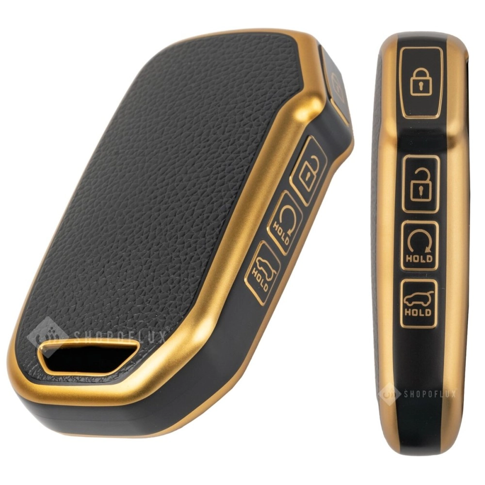 SHOPOFLUX Leather TPU Key Cover Compatible with Kia Seltos 2024 2023 Facelift HTX | Carens Clavis X Line | Sonet Facelift 4 Button Smart Key (Black)
