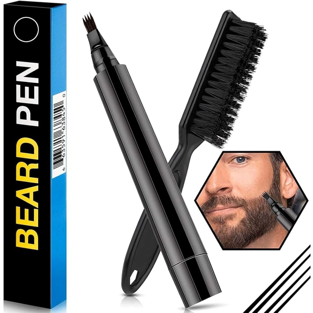 Beard Filling Pen Kit, Barber Styling Beard Colour Filler Pencil with Brush, Waterproof, Sweat Proof, Sharp Beard Lines Long-Lasting Durable Pencil for Men Beard, Moustache, Eyebrows Filler - Black