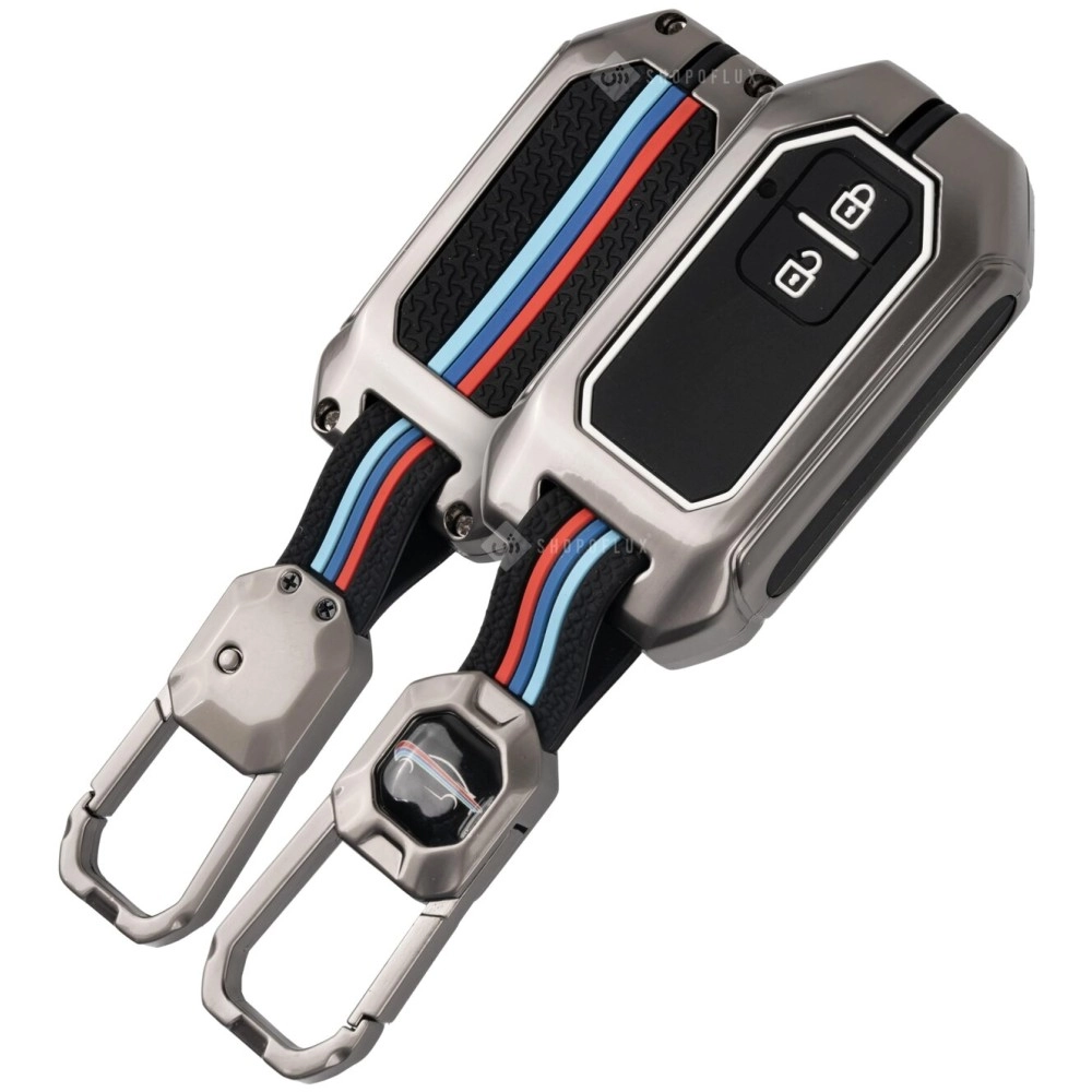 SHOPOFLUX Metal Key Cover Compatible with Baleno Grand Vitara, XL6, Swift, Brezza, Celerio, Ignis, Ertiga, Dzire, Fronx, Urban Cruiser, Rumion, Glanza, Hyryder 2 Button Key (Metal Silicone Black)
