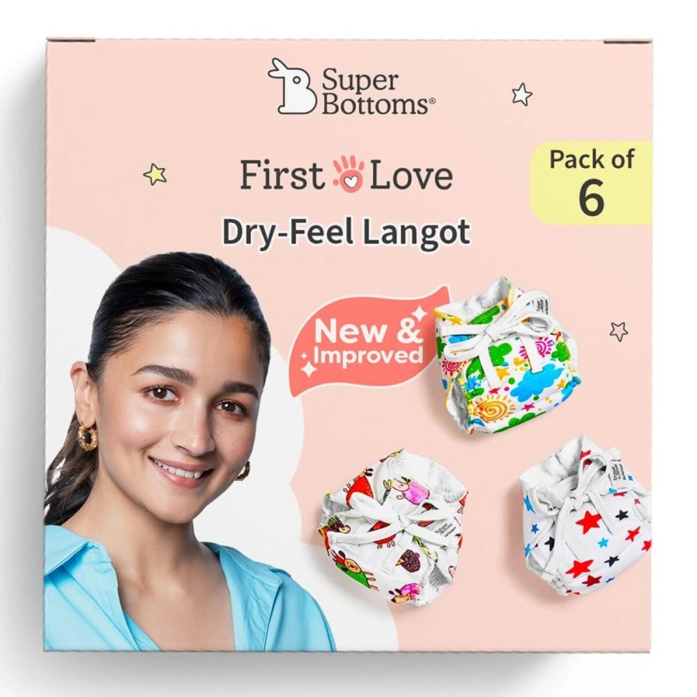 SuperBottoms DryFeel Baby Langot 0-6 months l Organic Cotton Modern Baby Nappy l Mess-free Langot with Gentle Elastics l Super DryFeel Top Layer l Diaper-free Time Essential | 6 Pack