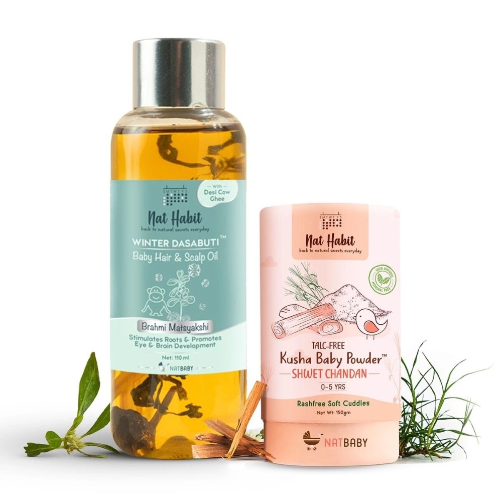 Nat Habit Baby Scalp Oil Bhrami Maytakshi (110ml)+ Baby Powder Shweet Chandan (100gm) - Essential Baby Care Combo For Daily Massage, Healthy Nourishment, Chemical & Preservative-Free (Combo Pack of 2)