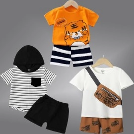 Lofn Unisex-Child Cotton Clothing Sets for Baby Boys & Baby Girls Printed Kids Clothing Sets - Unisex Clothing sets Half sleeve T-Shirt & Shorts Pack Of 3 (T84OR-T70WH-18-T83CP), Multicolour, 18-24 M