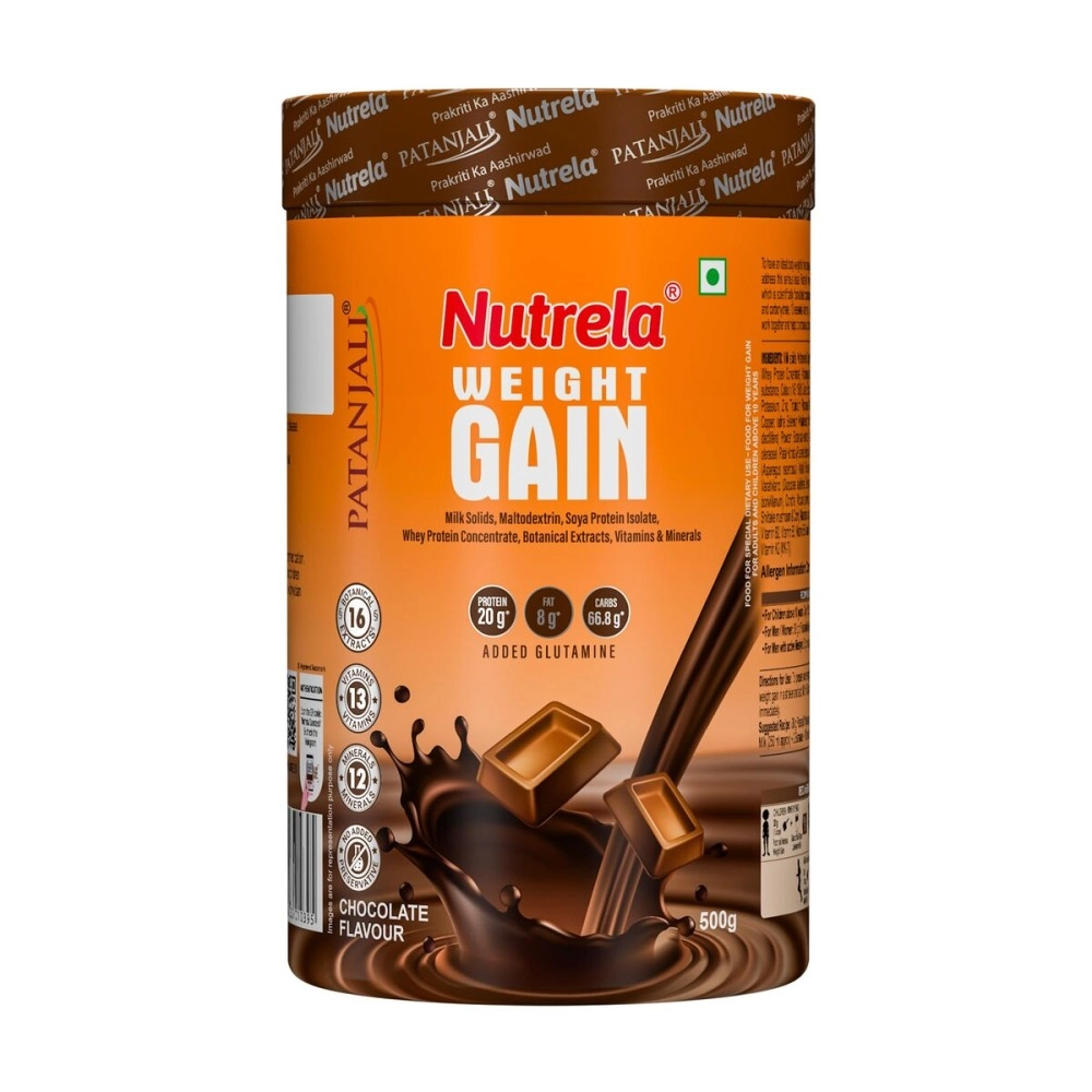 NUTRELA Weight Gainer-500G, Chocolate Flavour 20G Protein, 66.8 Carbs, 13 Vitamins & 12 Minerals With Khandsari Sugar Powder Ideal For Athlete, Men, Women & Kids Above 10 Year