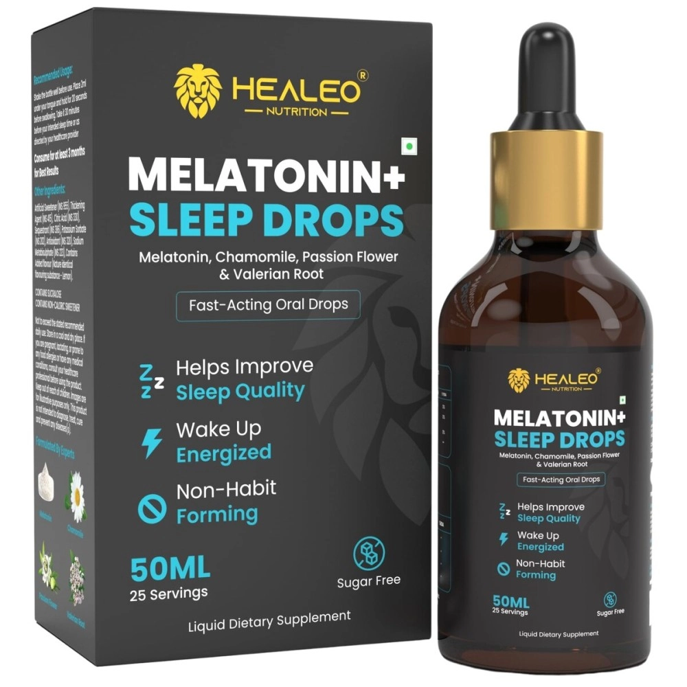 Healeo Melatonin 10mg Sleep Drops for Deep Sleep, Stress & Anxiety Relief | With Chamomile, Passion Flower & Valerian Root | Safe & Non Habit Forming - 50ml