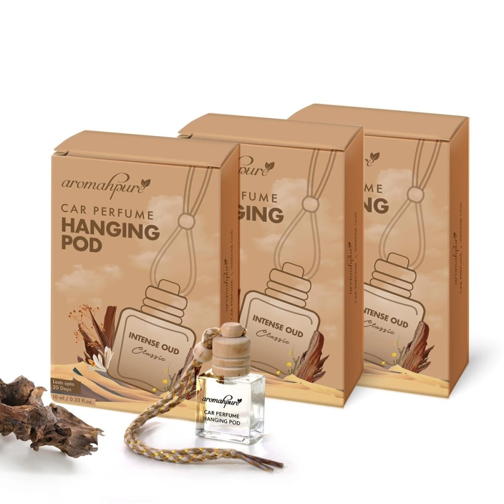 Aromahpure Premium Car Perfume Hanging Pod |10 ML |Oudh Fragrance Car Air Freshener |Natural Essential Fragrance Oils in Glass Bottle with Wooden Diffuser Lid |Long Lasting upto 60 days (Pack of 3)