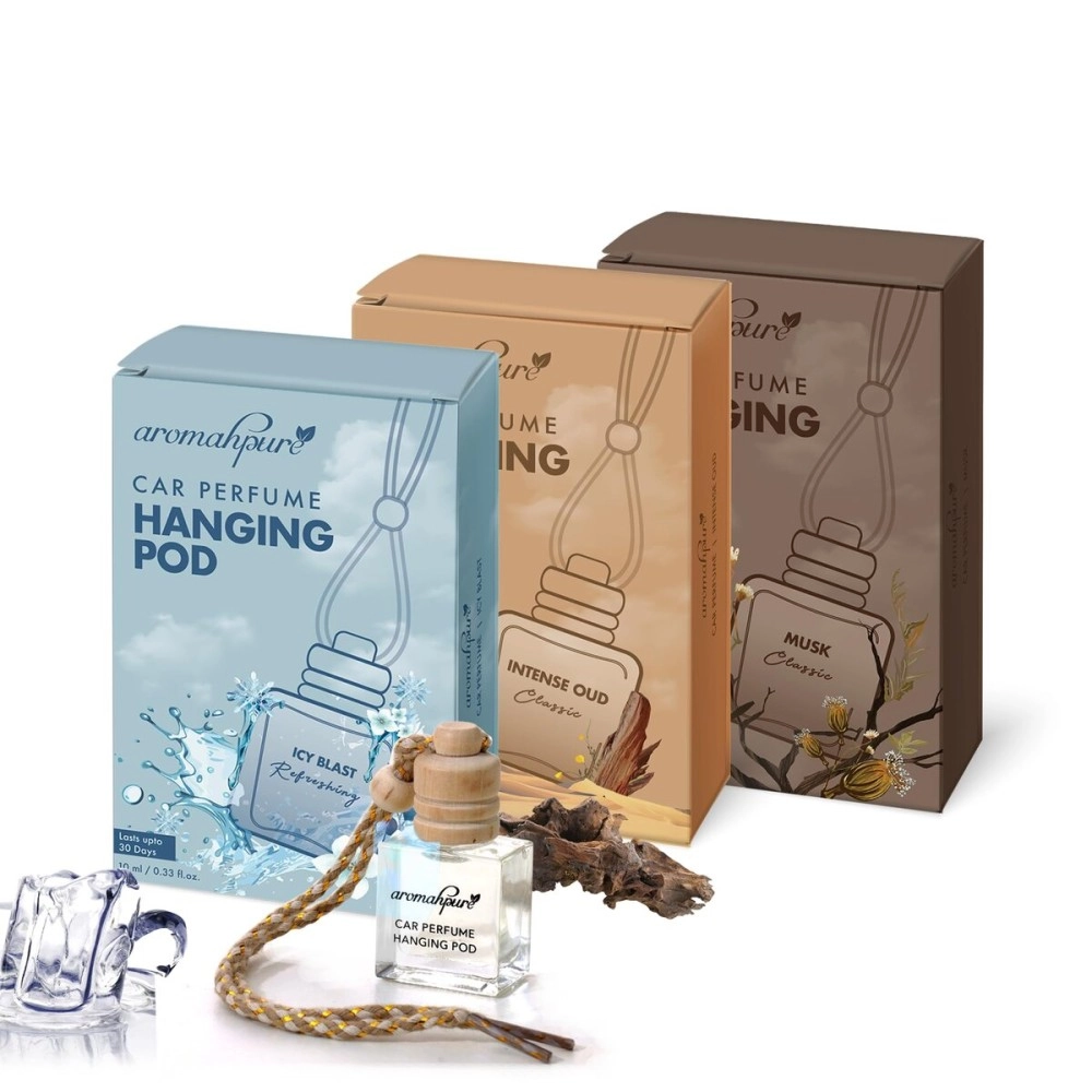 Aromahpure Premium Car Perfume Hanging Pod - Aqua, Musk, Oud Car Air Freshener Combo 10 ML Natural Fragrance Oils in Glass Bottle with Wooden Diffuser Lid Last upto 30 Days (Pack 3), IFRA certified
