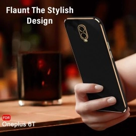 TheGiftKart Luxurious Golden-Plated Back Cover Case for OnePlus 6T | Raised Lips for Camera & Screen Protection | Shockproof Design | Stylish Back Cover Case for OnePlus 6T (TPU, Black)
