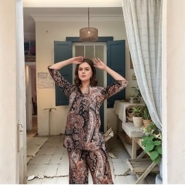 ANNI DESIGNER Women\'s Cotton Blend Mid Thigh Printed Co-Ord Set (JID Keri Black Co-Ord_S_Black_Small)