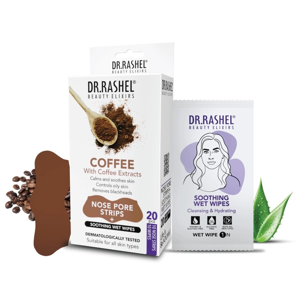 DR.RASHEL Coffee Nose Pore Strips | With Coffee Extracts | Deep Cleansing | Pore Purifying | Painless Blackhead Removal | 10 Strips + 10 Wipes | 20 PCS Total
