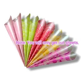 Saairaa Organics Printed Design Pre Cut Multicolour Frozen Cellophane Sheets for mehndi cone 30 Micron 6.75 Inch X 5 Inch (40 Pcs) with 0.7 MM Plastic Pins for Cone Rolling (40 Pcs)