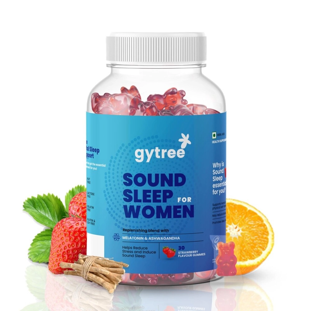 Gytree Sound Sleep Gummies for Women with Melatonin 5 mg & Ashwagandha | Non-Addictive Sleep Gummies | Improves Sleep, Relaxes Nerves & Busts Stress | Sleep Supplement | Strawberry Flavour (Pack of 30