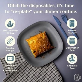 Irida Naturals Rice Husk & Bamboo Fiber Square Multipurpose Plate| 8 inch Set of 4| Eco-Friendly,Lightweight & Unbreakable Plates | Microwave Safe Serving Plates | for Hot & Cold Serving (Multicolor)