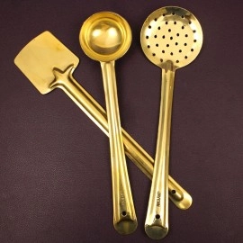 Putrika Brass Ladle Set of 3 - Pital Karandi, Dosa Jali Kuli - Cooking and Serving Kitchenware - Medium Brass Cookware