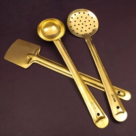 Putrika Brass Ladle Set of 3 - Pital Karandi, Dosa Jali Kuli - Cooking and Serving Kitchenware - Medium Brass Cookware