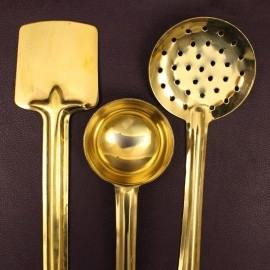 Putrika Brass Ladle Set of 3 - Pital Karandi, Dosa Jali Kuli - Cooking and Serving Kitchenware - Medium Brass Cookware