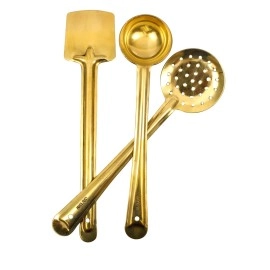 Putrika Brass Ladle Set of 3 - Pital Karandi, Dosa Jali Kuli - Cooking and Serving Kitchenware - Medium Brass Cookware