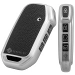 SHOPOFLUX Leather TPU Key Cover Compatible with Kia Seltos 2024 2023 Facelift HTX | Carens Calvis X Line | Sonet Facelift 4 Button Smart Key (Silver)