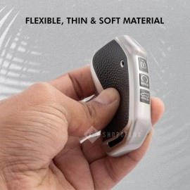 SHOPOFLUX Leather TPU Key Cover Compatible with Kia Seltos 2024 2023 Facelift HTX | Carens Calvis X Line | Sonet Facelift 4 Button Smart Key (Silver)