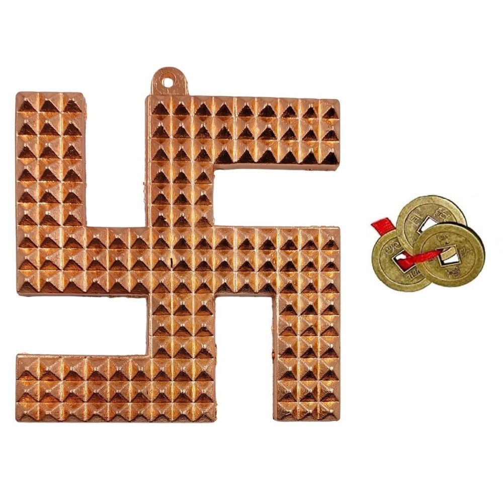 ARTISKRITI Copper Swastik Pyramid Vastu Yantra for Home Entrance Door Hanging Positive Energy Vibrations and Vastu Dosh Nivaran Items with Feng Shui Coin