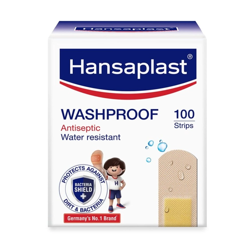 Hansaplast Antiseptic Washproof Bandage for injury & wounds | 100 Strips | First Aid | Water resistant | Provides Comfort to the Wound in Water | For Kids & Adults